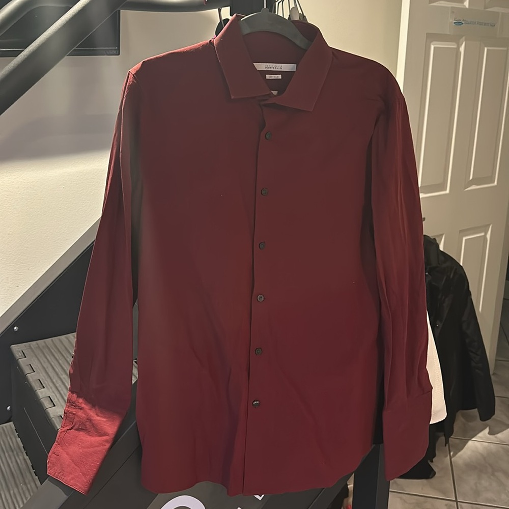 Red Wine Dress shirt L 16.5 32/33 very slim long sleeve PERRY ELIS